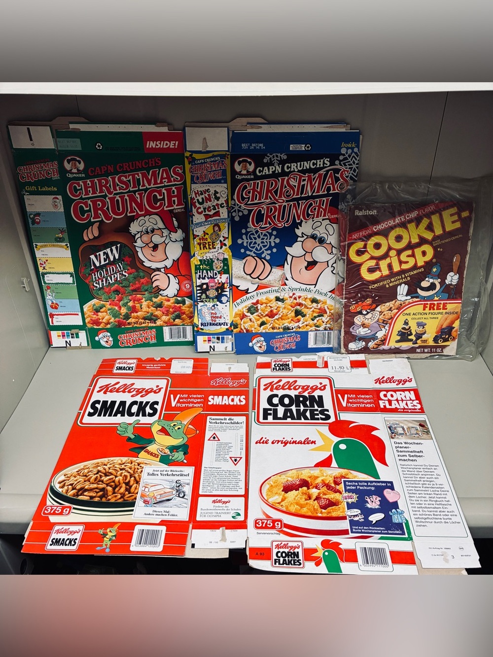 Vintage Cereal Box Lot Capn Crunch Christmas Cookie Crisp Kelloggs Smacks German